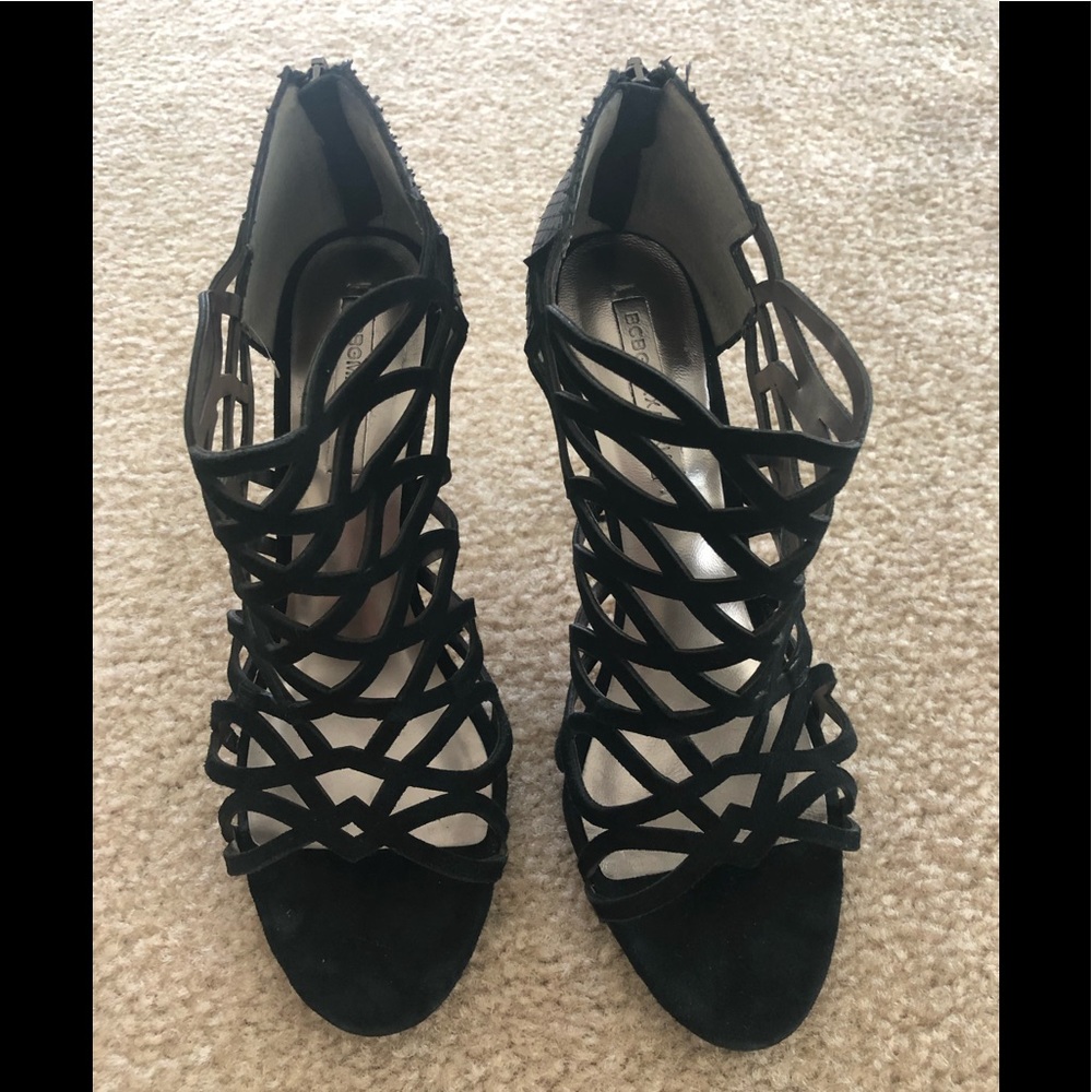 BCBG Maxaria suede snakeskin heels